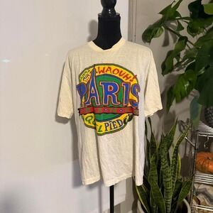 Cream vintage 90s Paris T-shirt fashion – Size  XXL